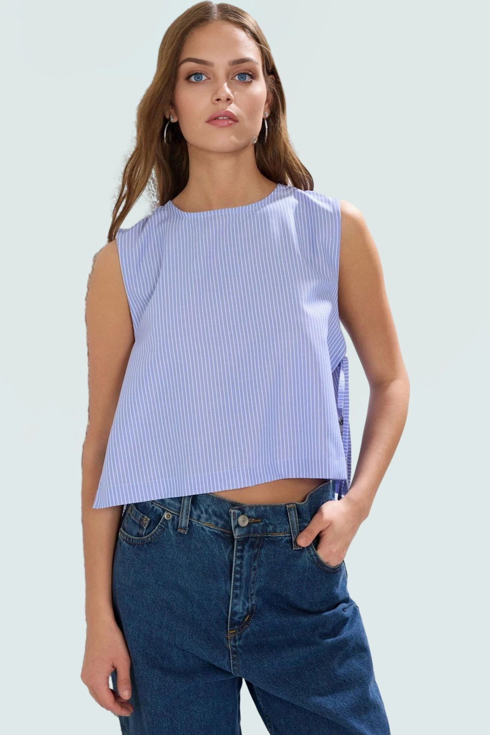 Terrycotton Dokuma Crop Bluz Bisiklet Yaka Çizgili Kolsuz Rahat Kalıp Kullanım