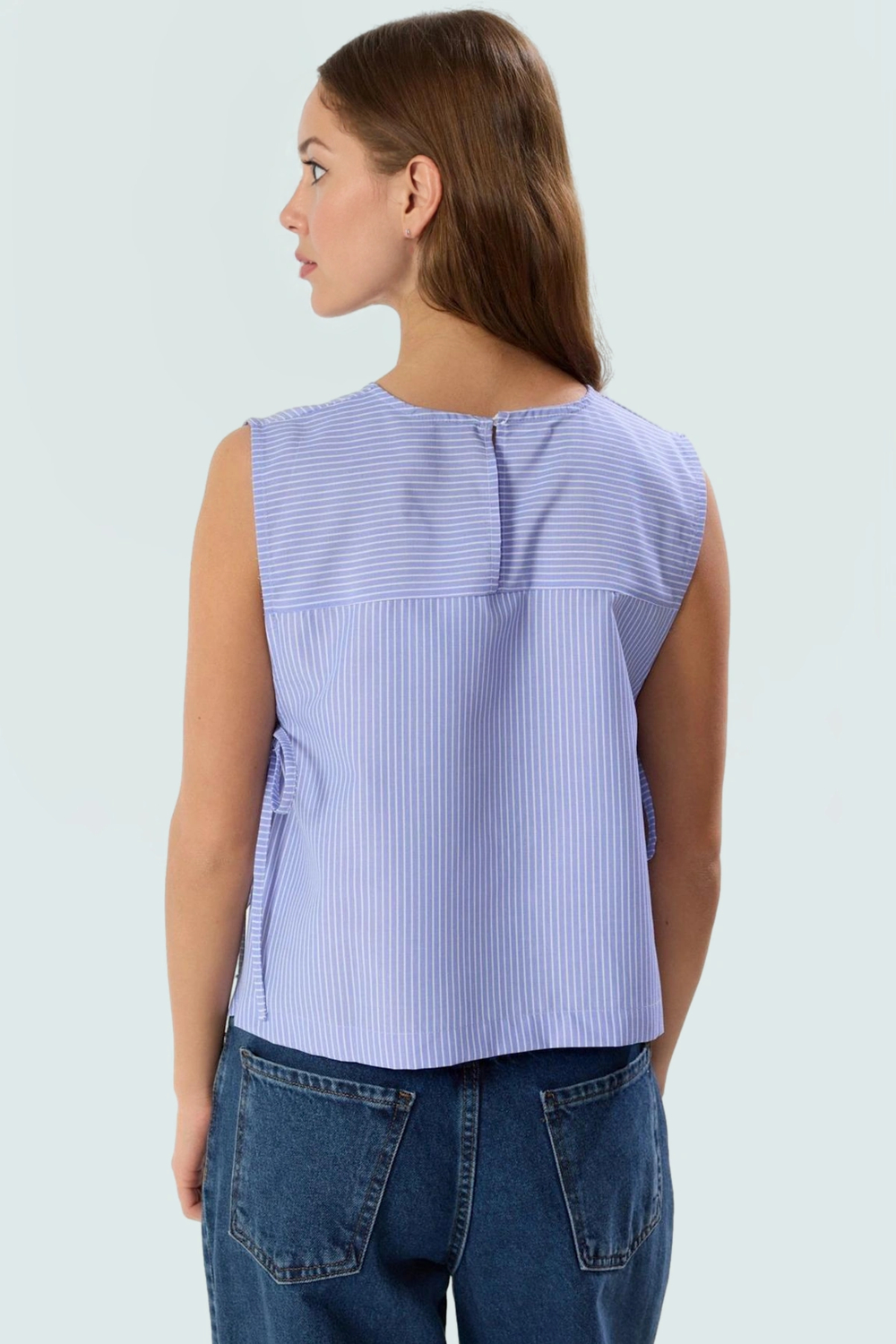 Terrycotton Dokuma Crop Bluz Bisiklet Yaka Çizgili Kolsuz Rahat Kalıp Kullanım