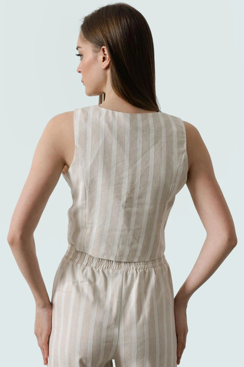 Keten Görünümlü Çizgili Crop Bluz V Yaka Kolsuz Rahat Uzun Ömürlü Trend Tasarım