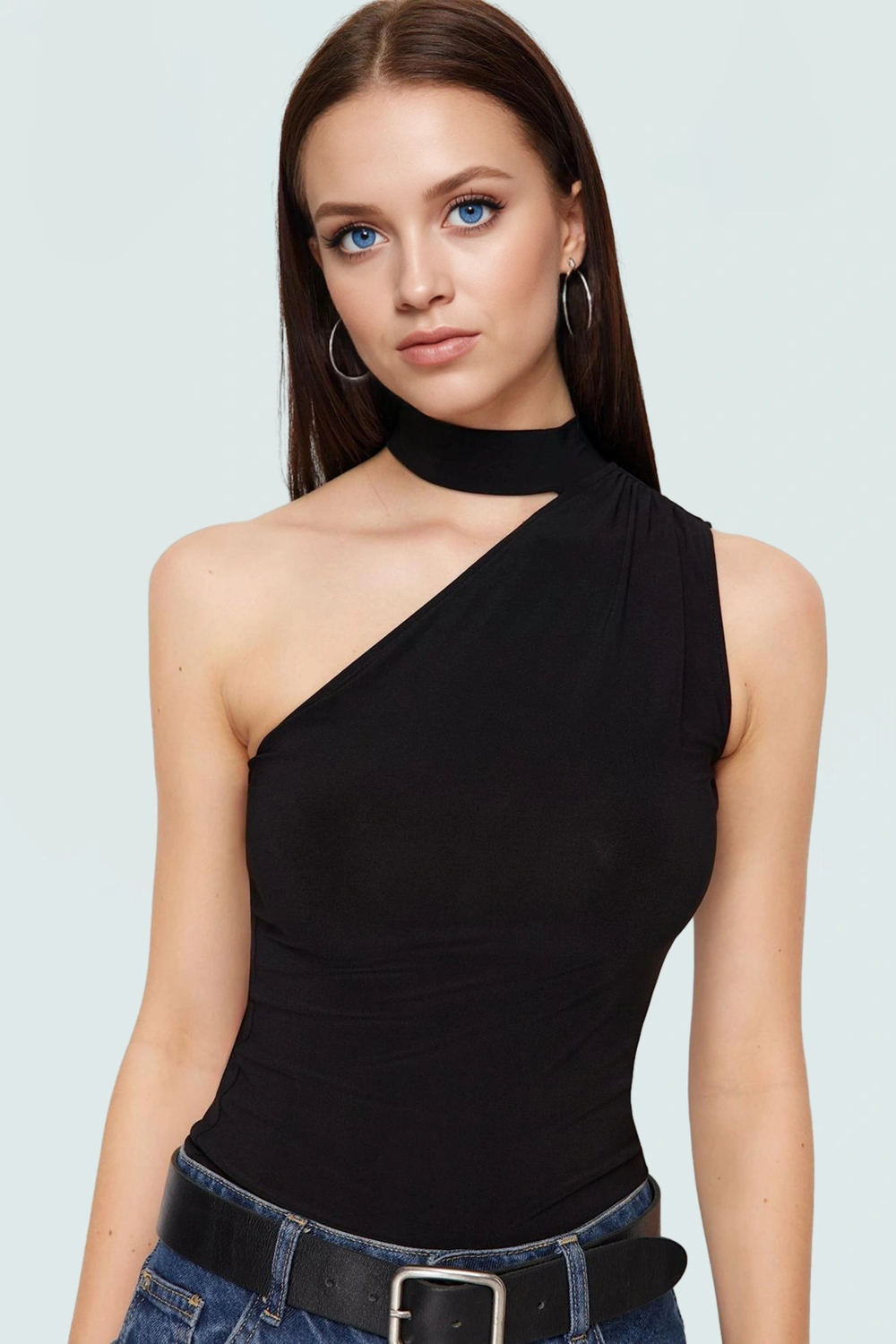Şık Tek Omuzlu Bluz Örme Kumaş Choker Yaka Regular Boy Rahat Kullanım Özenle Seçilmiş