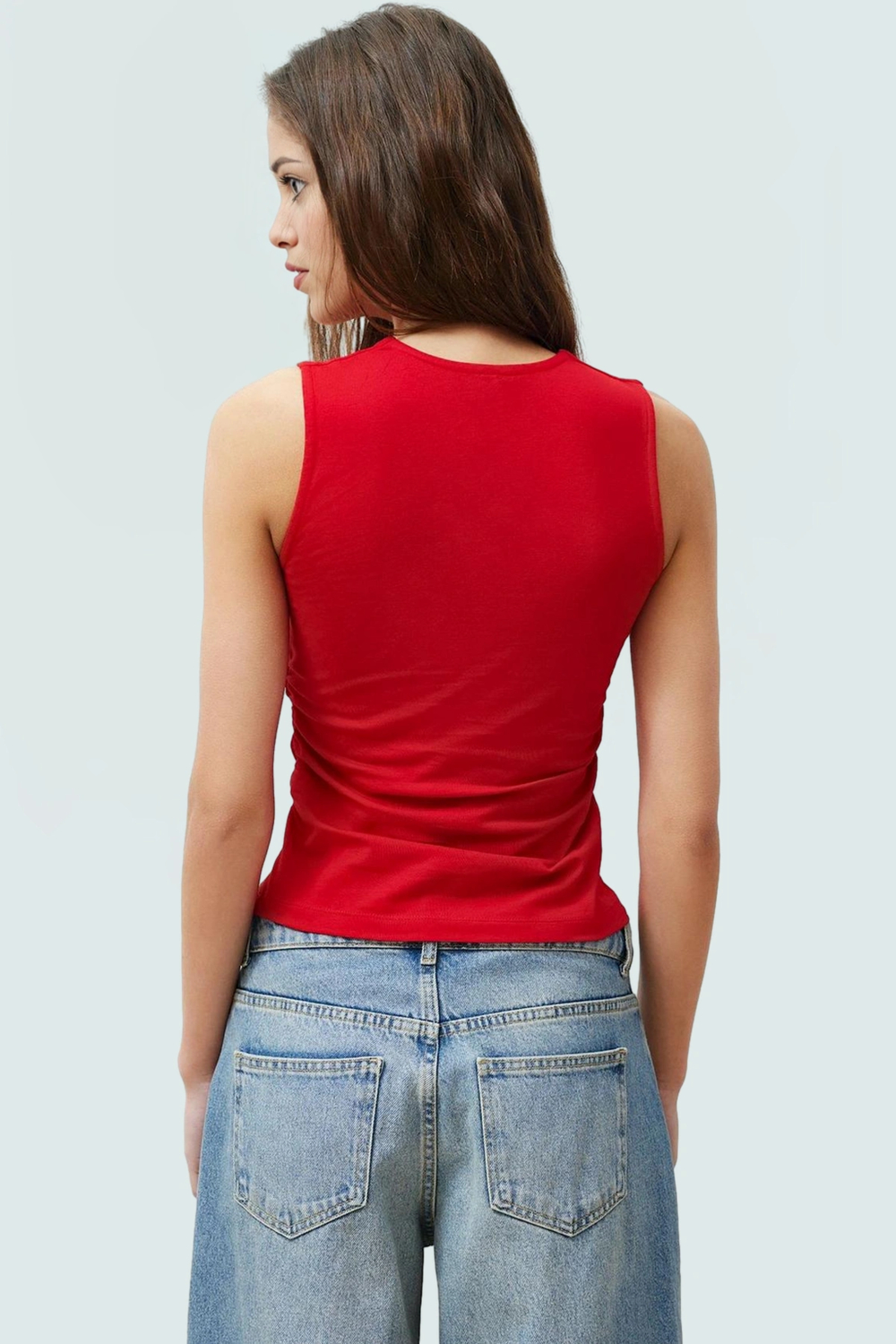 Büzgülü Örme Bluz Rahat Şık Fitted Kalıp Kare Yaka Modern Stil Görünüm