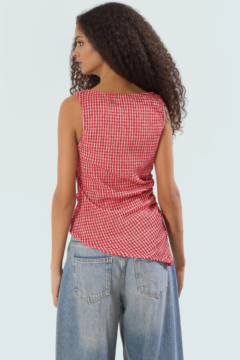 Asimetrik Kolsuz Örme Bluz Jakarlı Dokuma Polyester Kumaş Rahat Kullanım