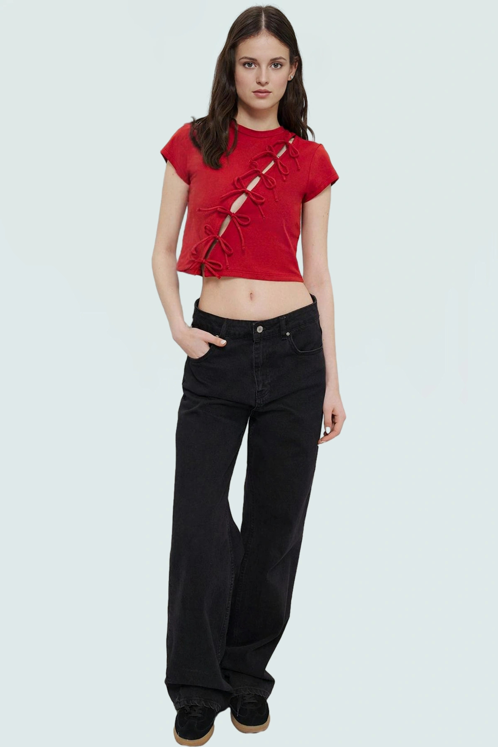 Yazlık Kadın Crop Bluz Fiyonk Detaylı Pamuklu Dayanıklı Malzeme