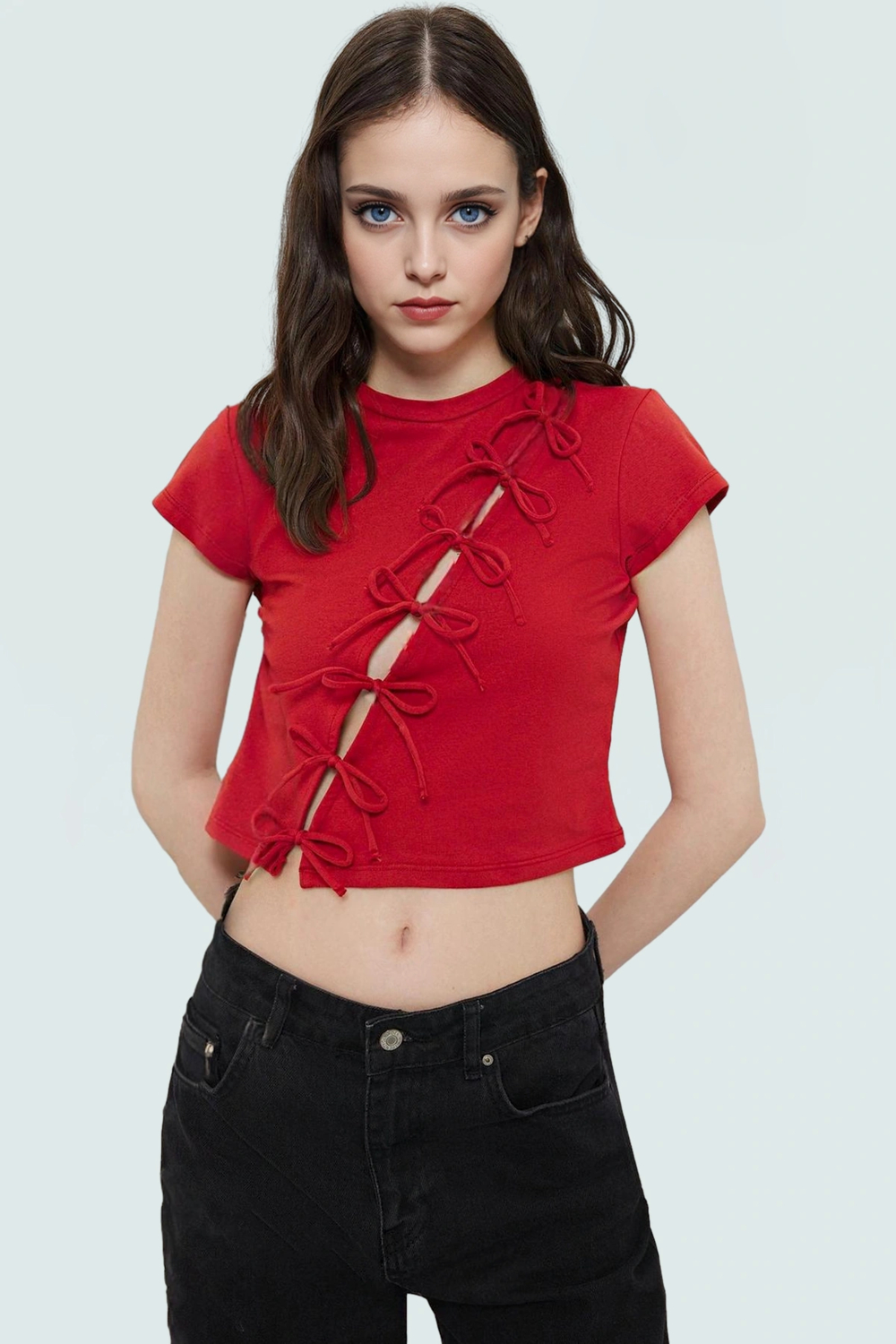 Yazlık Kadın Crop Bluz Fiyonk Detaylı Pamuklu Dayanıklı Malzeme