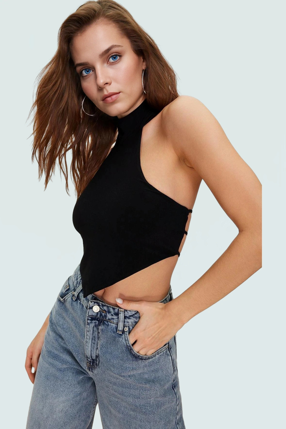 Sırt Detaylı Örme Bluz Dik Yaka Super Crop Polyester Karışımlı Premium Kalite Trend Tasarım