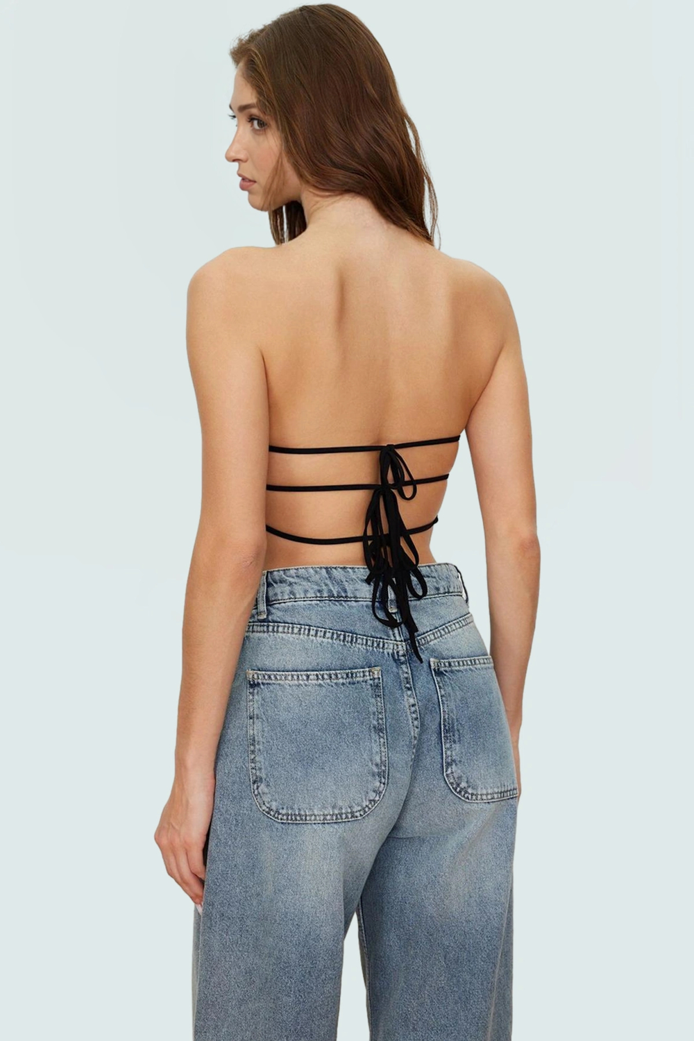 Sırt Detaylı Örme Bluz Dik Yaka Super Crop Polyester Karışımlı Premium Kalite Trend Tasarım