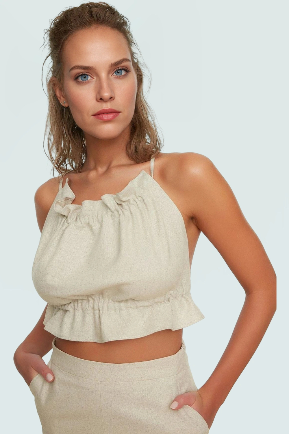 Kolsuz Crop Bluz Rahat Keten Karışımı Bisiklet Yaka Yazlık Seçkin Malzeme Konforlu Kesim