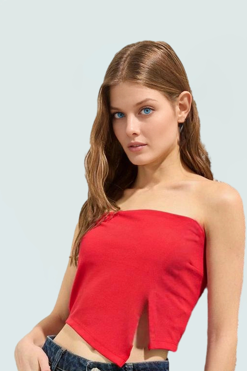 Fitted Straplez Crop Bluz Yan Fermuar Asimetrik Kesim Polyester Kumaş Profesyonel Görünüm