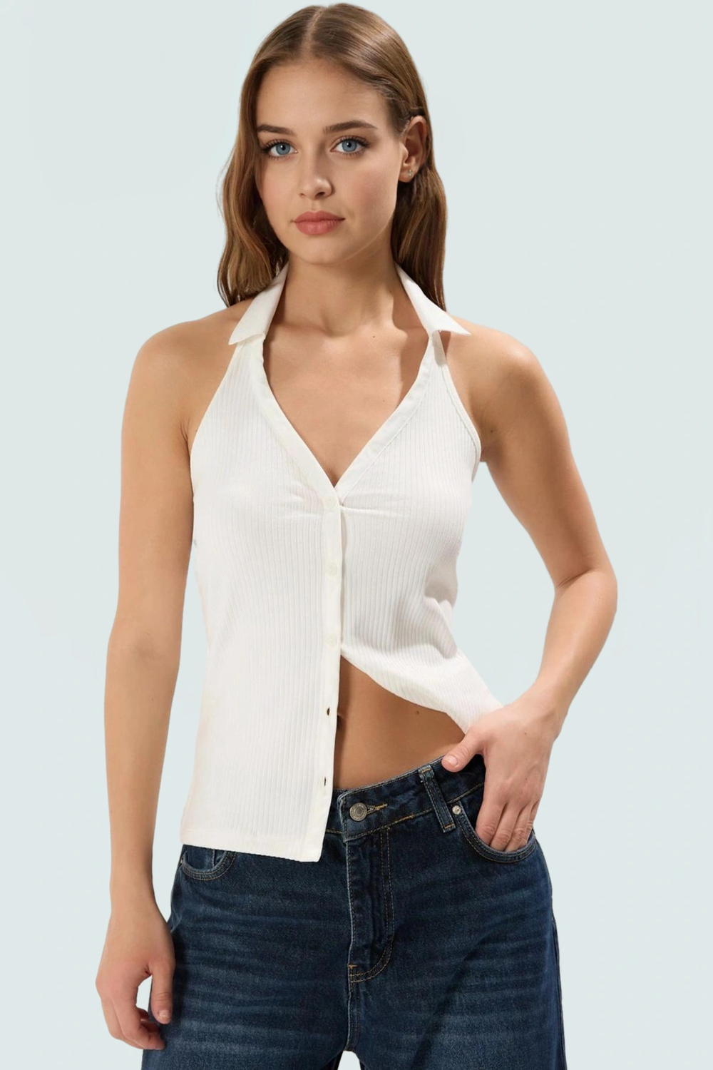 Fitted Vücut Örme Bluz Renk Polo Yaka Fermuarlı Pamuklu Yazlık Konforlu Kesim