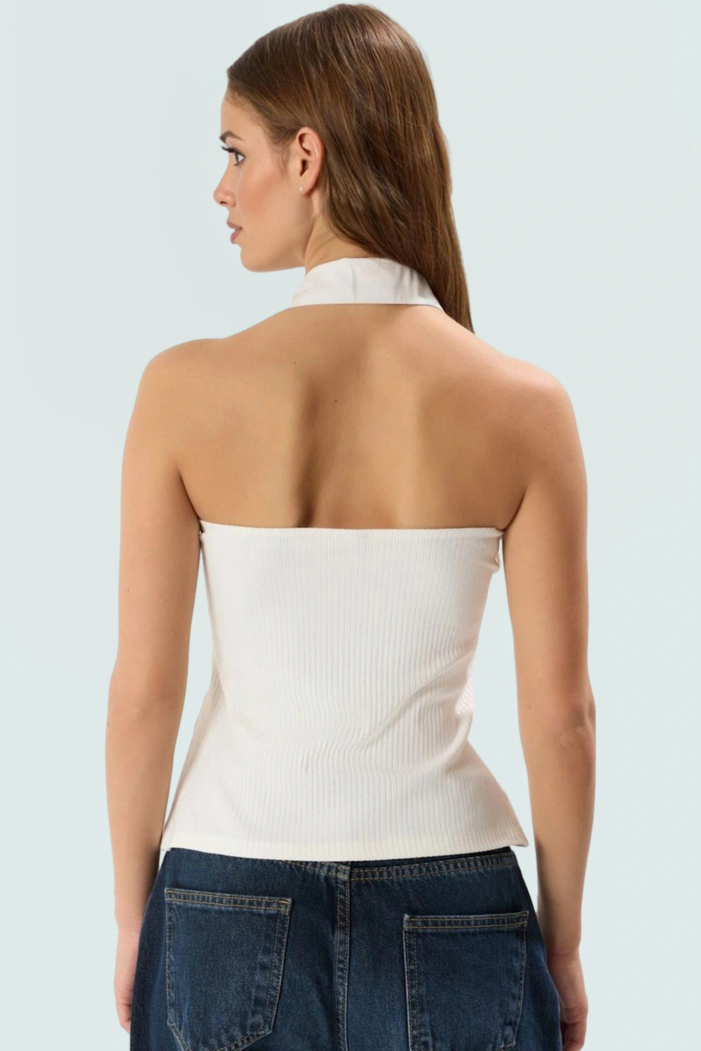 Fitted Vücut Örme Bluz Renk Polo Yaka Fermuarlı Pamuklu Yazlık Konforlu Kesim