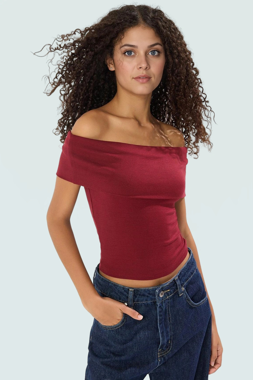 Kısa Kollu Fitted Bluz Carmen Yaka Viskoz Ribana Kumaş Günlük Kullanım İçin Konforlu Kesim