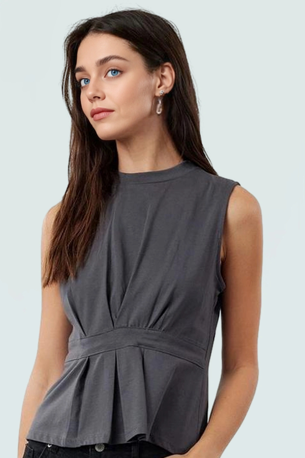 Şık Örme Bluz Bisiklet Yaka Kolsuz Peplum Pamuklu Trend Tasarım Özel