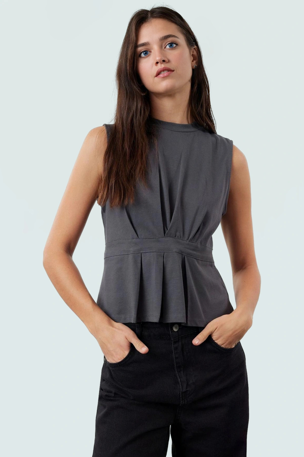 Şık Örme Bluz Bisiklet Yaka Kolsuz Peplum Pamuklu Trend Tasarım Özel