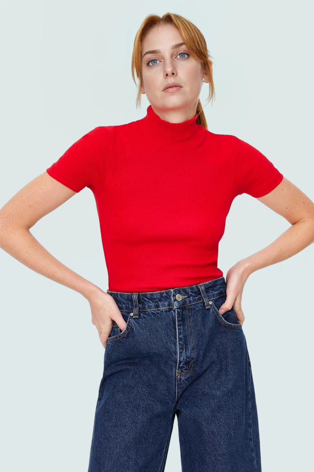 Kısa Kollu Fitted Bluz Polyester Pamuk Karışımı Dik Yaka Casual Tarz Dayanıklı Malzeme