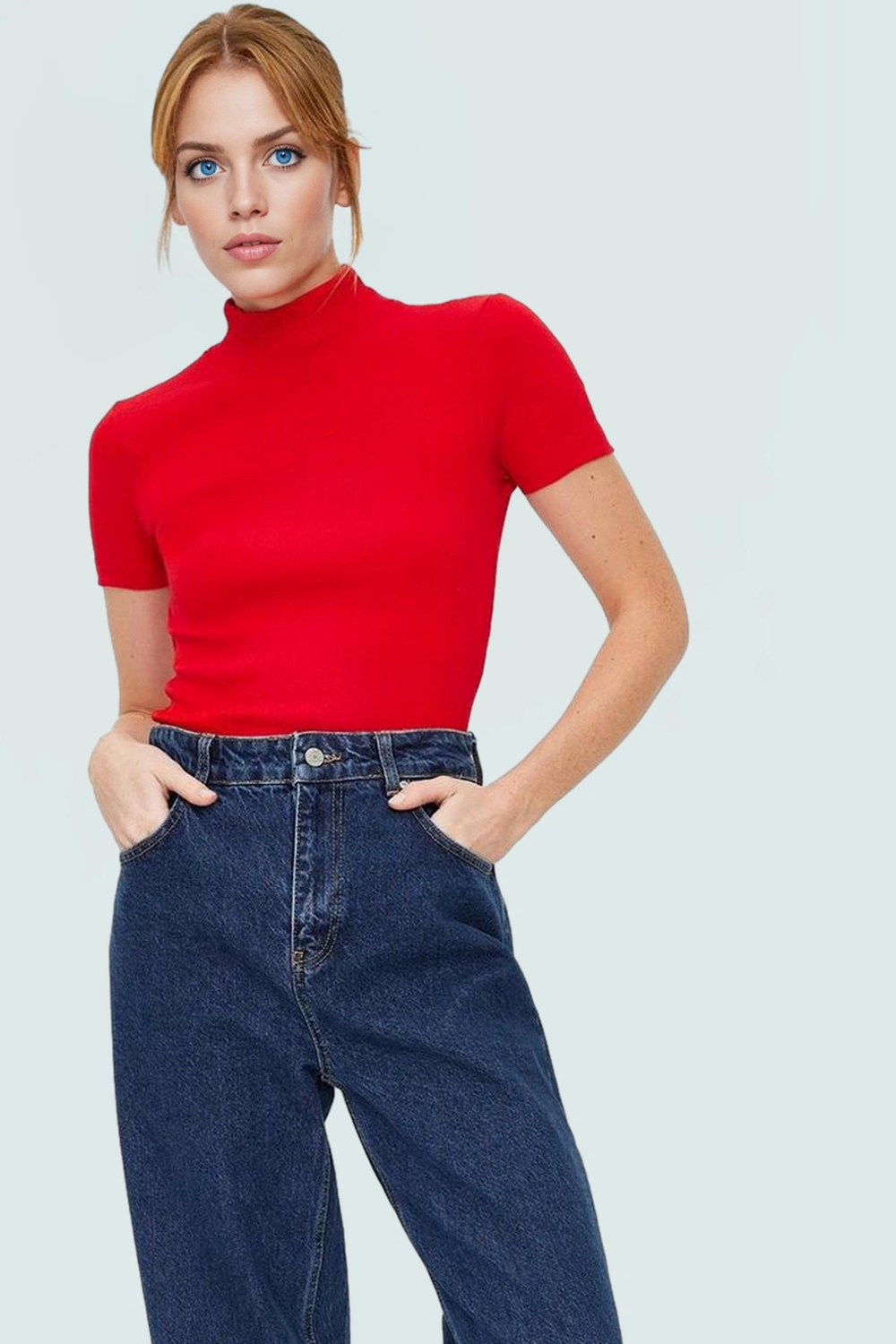 Kısa Kollu Fitted Bluz Polyester Pamuk Karışımı Dik Yaka Casual Tarz Dayanıklı Malzeme