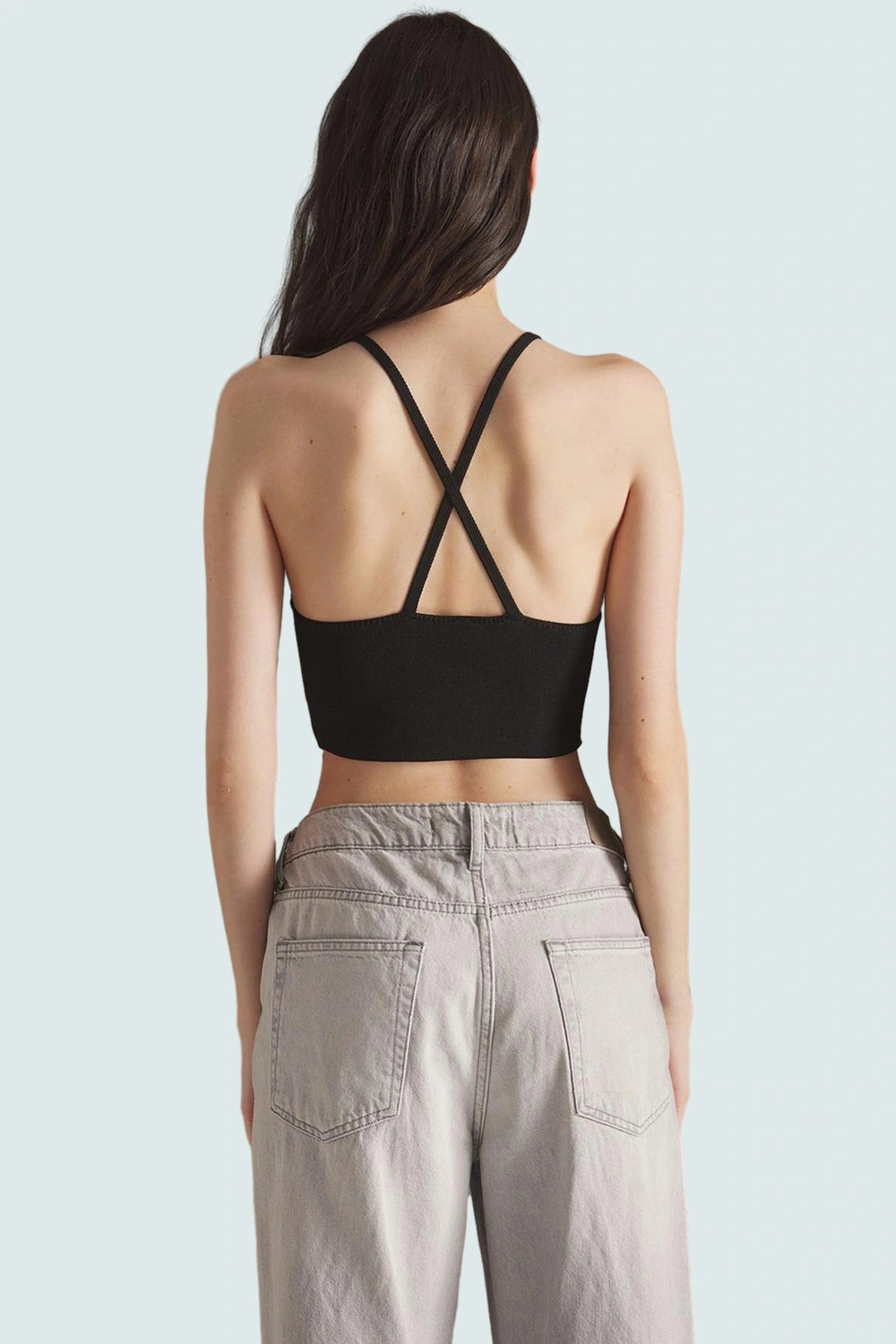 Super Crop Triko Bluz V Yaka Fitted Kalıp Günlük Kullanım İçin Şık Görünüm