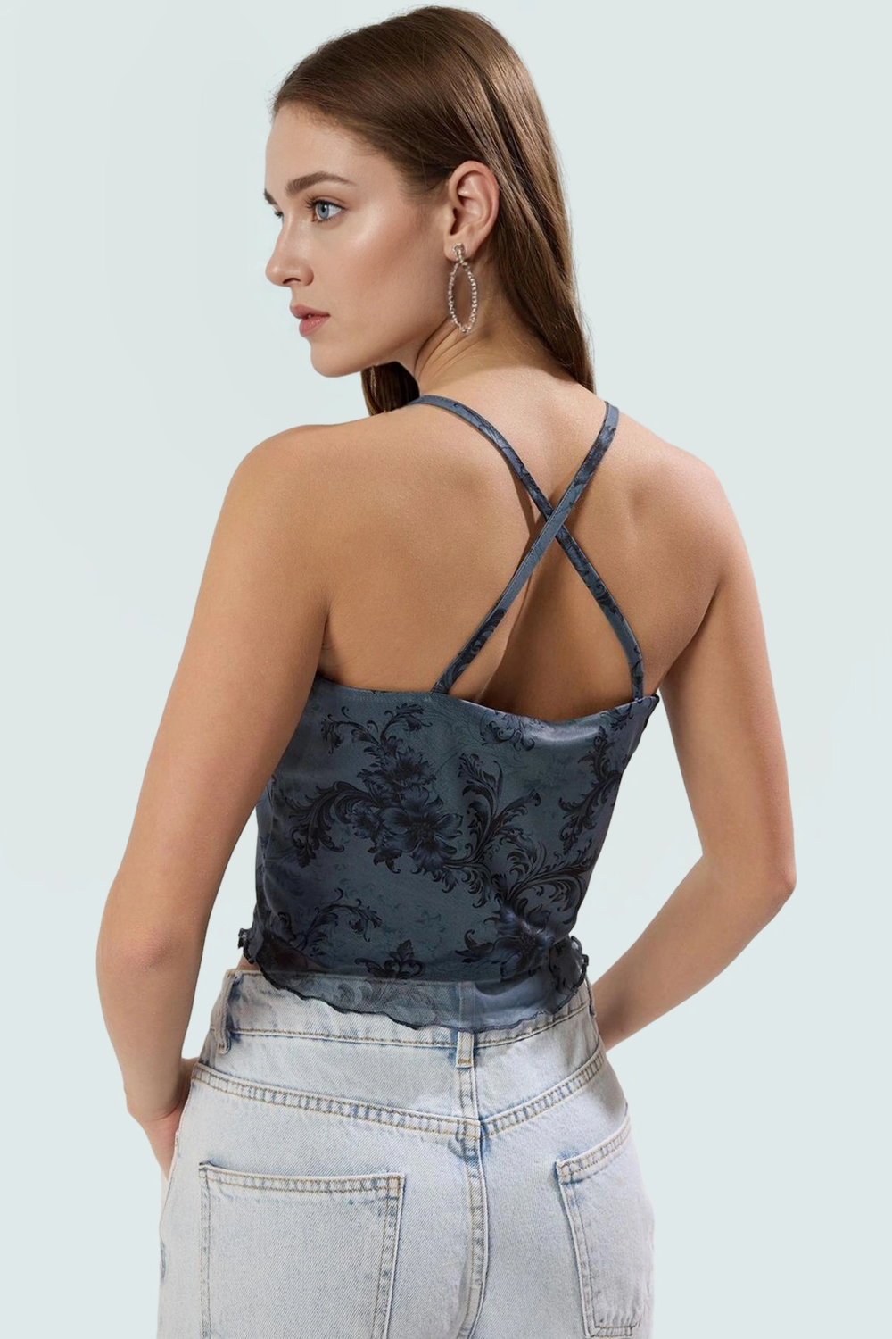 Astarlı Tül Örme Kolsuz Crop Bluz Çiçek Desenli Fitted Rahat Kullanım