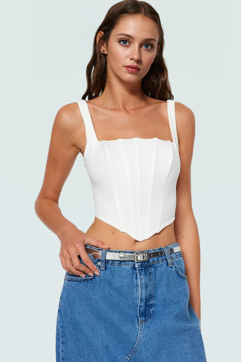 Dokuma Polyester Korse Bluz Fitted Kalıp Kolsuz Crop Şık Görünüm Seçkin Malzeme Konforlu Kesim