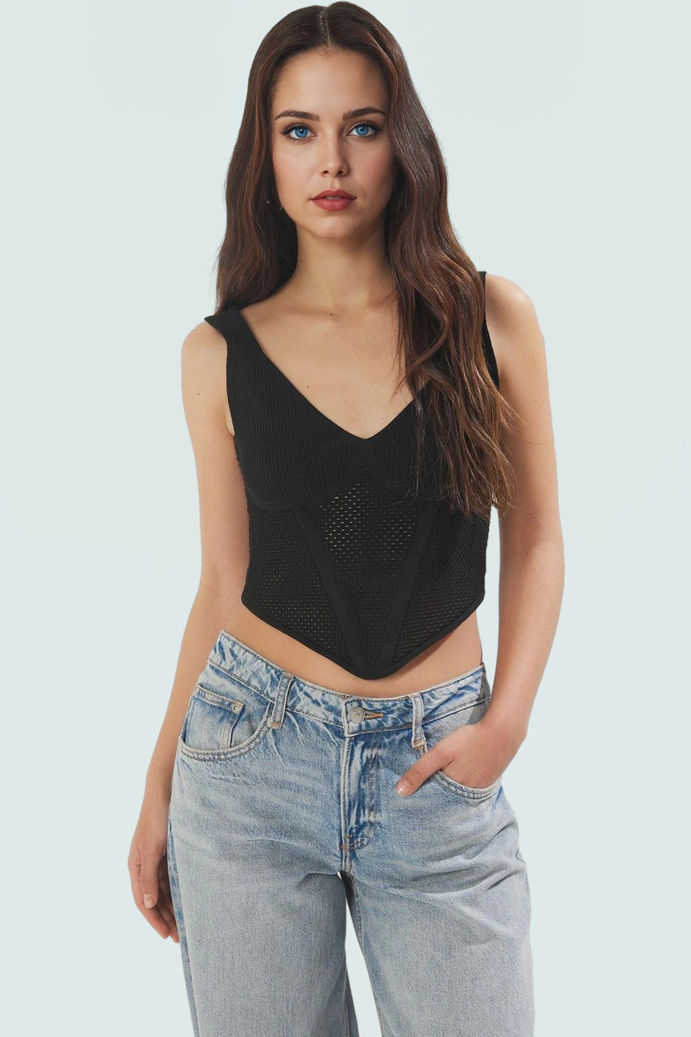 100 Polyester Triko Bluz Havuz Yaka Fitted Kalıp Crop Boy Kaliteli İşçilik Uzun Ömürlü