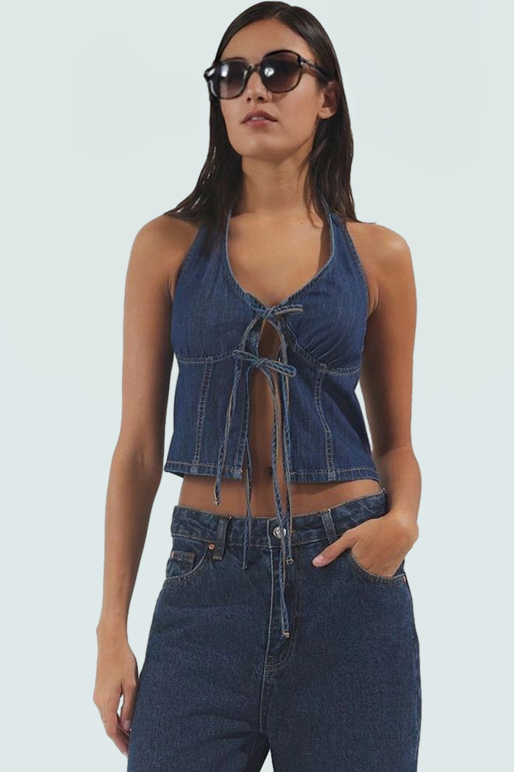 Denim Crop Bluz Halter Yaka Fitted 100 Pamuk Yazlık Dayanıklı Malzeme Yüksek Kalite