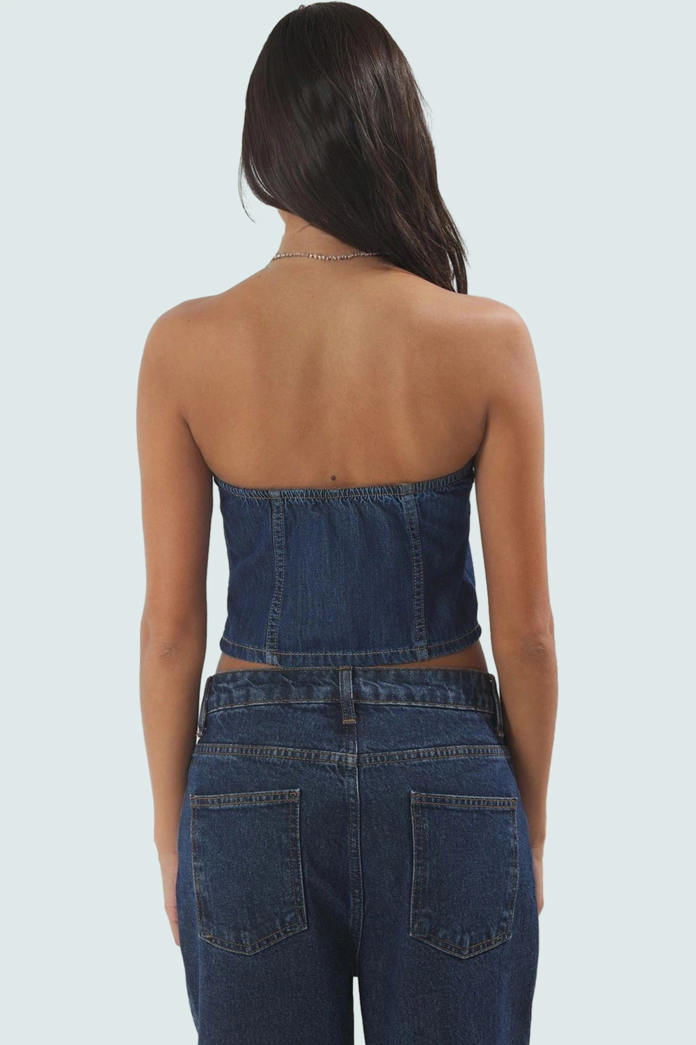 Denim Crop Bluz Halter Yaka Fitted 100 Pamuk Yazlık Dayanıklı Malzeme Yüksek Kalite