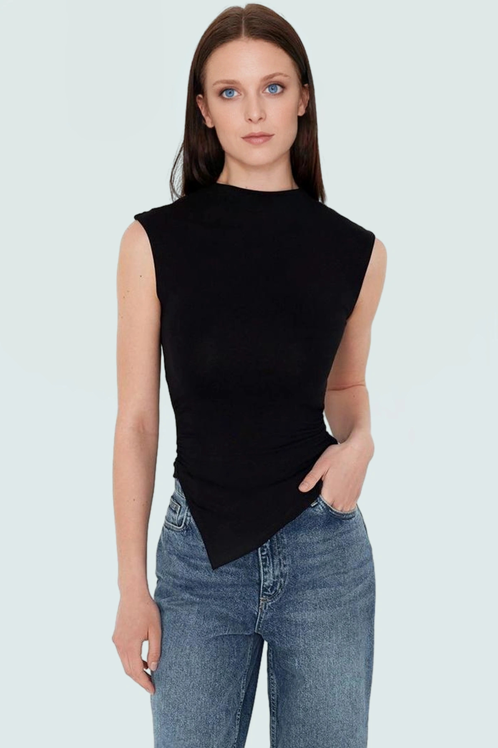 Dik Yaka Fitted Örme Bluz Regular Boy Asimetrik Kesim Mükemmel Uyum Özel Tasarım