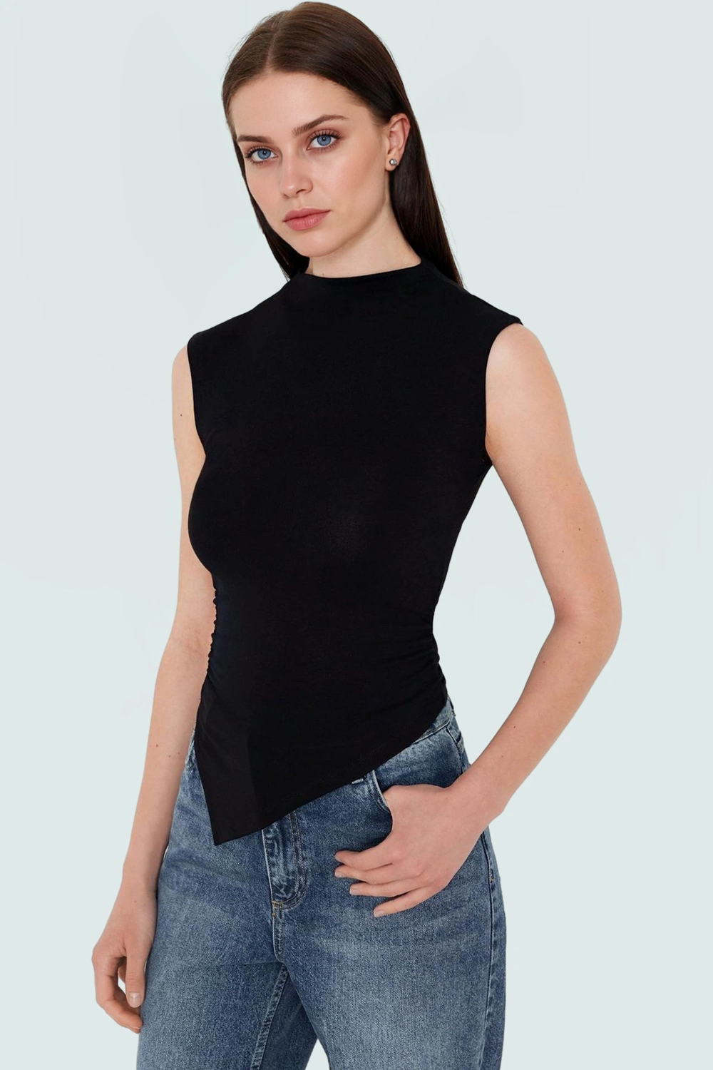 Dik Yaka Fitted Örme Bluz Regular Boy Asimetrik Kesim Mükemmel Uyum Özel Tasarım