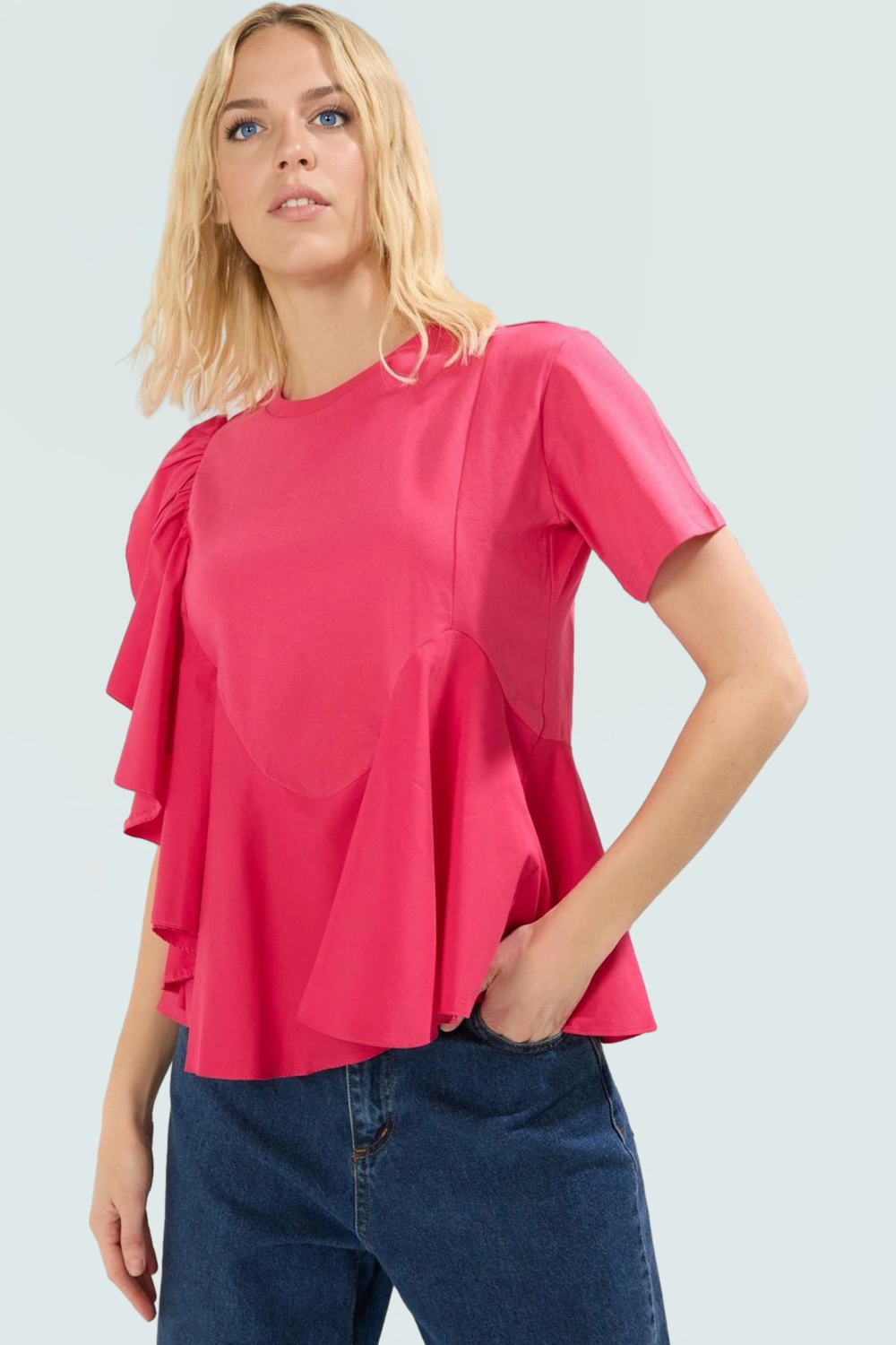 Yazlık Kısa Kollu Pamuklu Bluz Regular Kalıp Bisiklet Yaka Özel Tasarım Modern Stil Rahat Kullanım