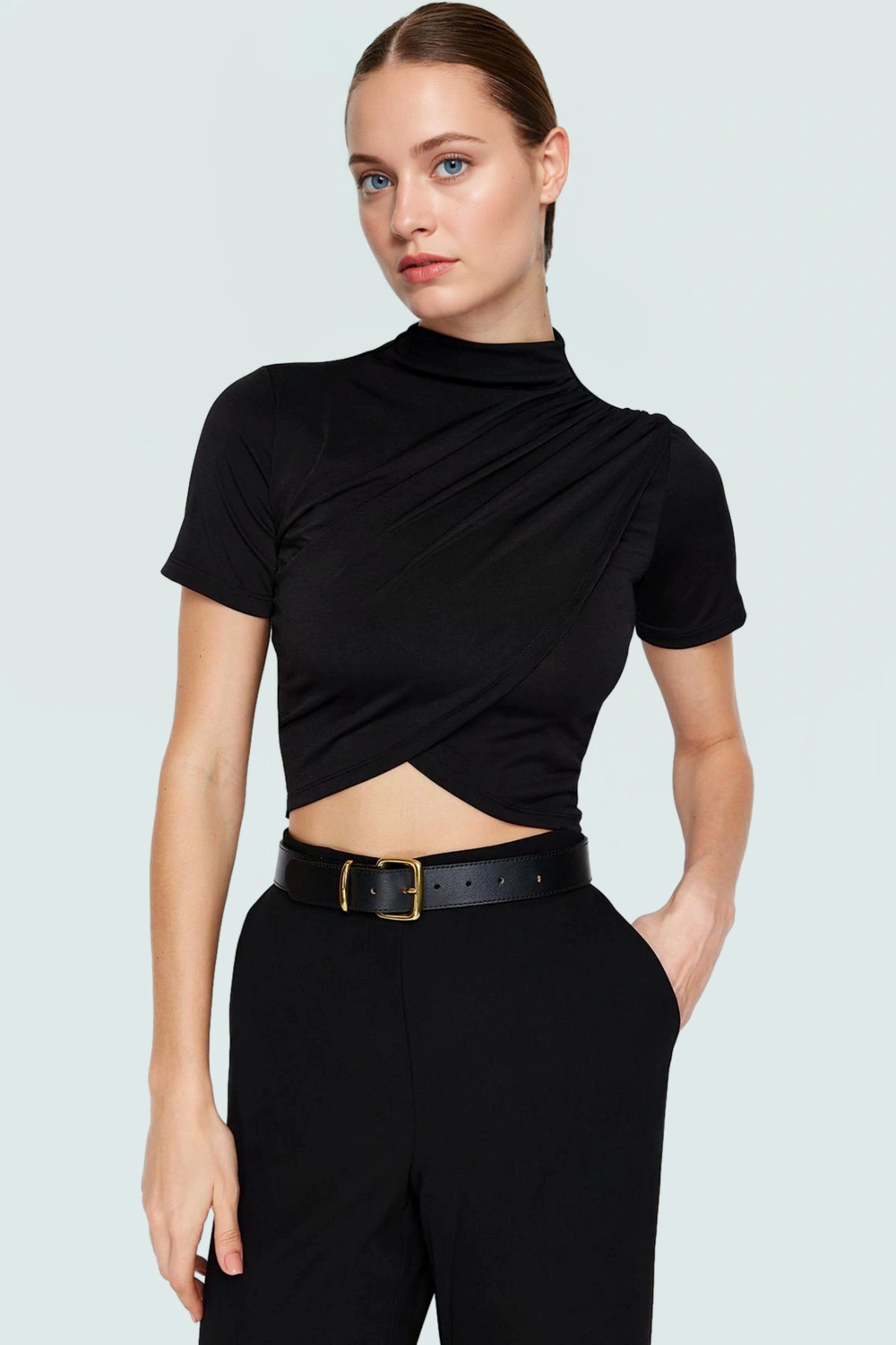 Şık Dik Yaka Crop Bluz Örme Kumaş Kruvaze Yazlık Modern Stil Rahat Ve Özel Tasarım
