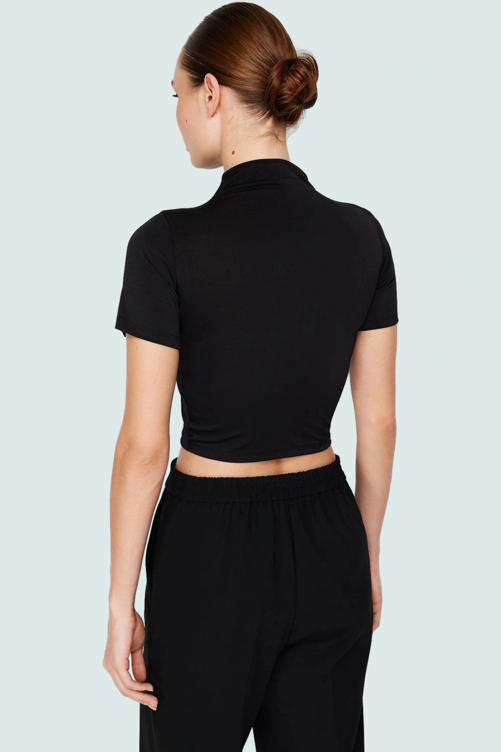 Şık Dik Yaka Crop Bluz Örme Kumaş Kruvaze Yazlık Modern Stil Rahat Ve Özel Tasarım