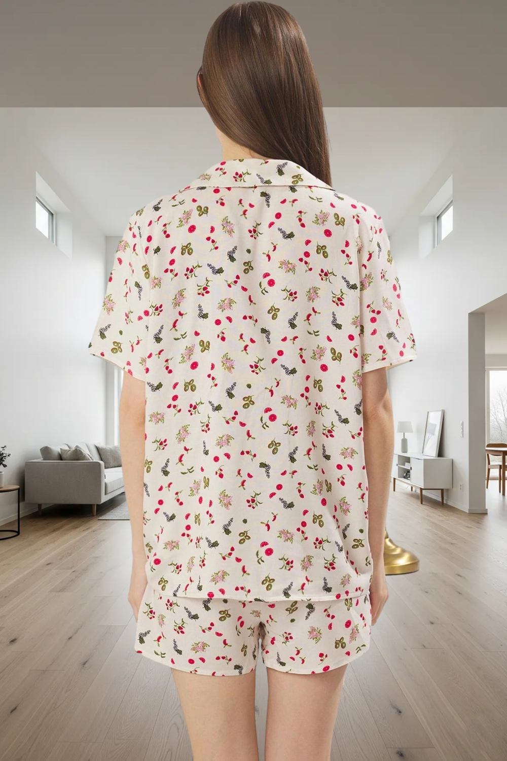 100 Viskoz Rahat Pijama Takımı Çok Meyve Desenli Regular Kalıp Yaz İçin Uzun Ömürlü