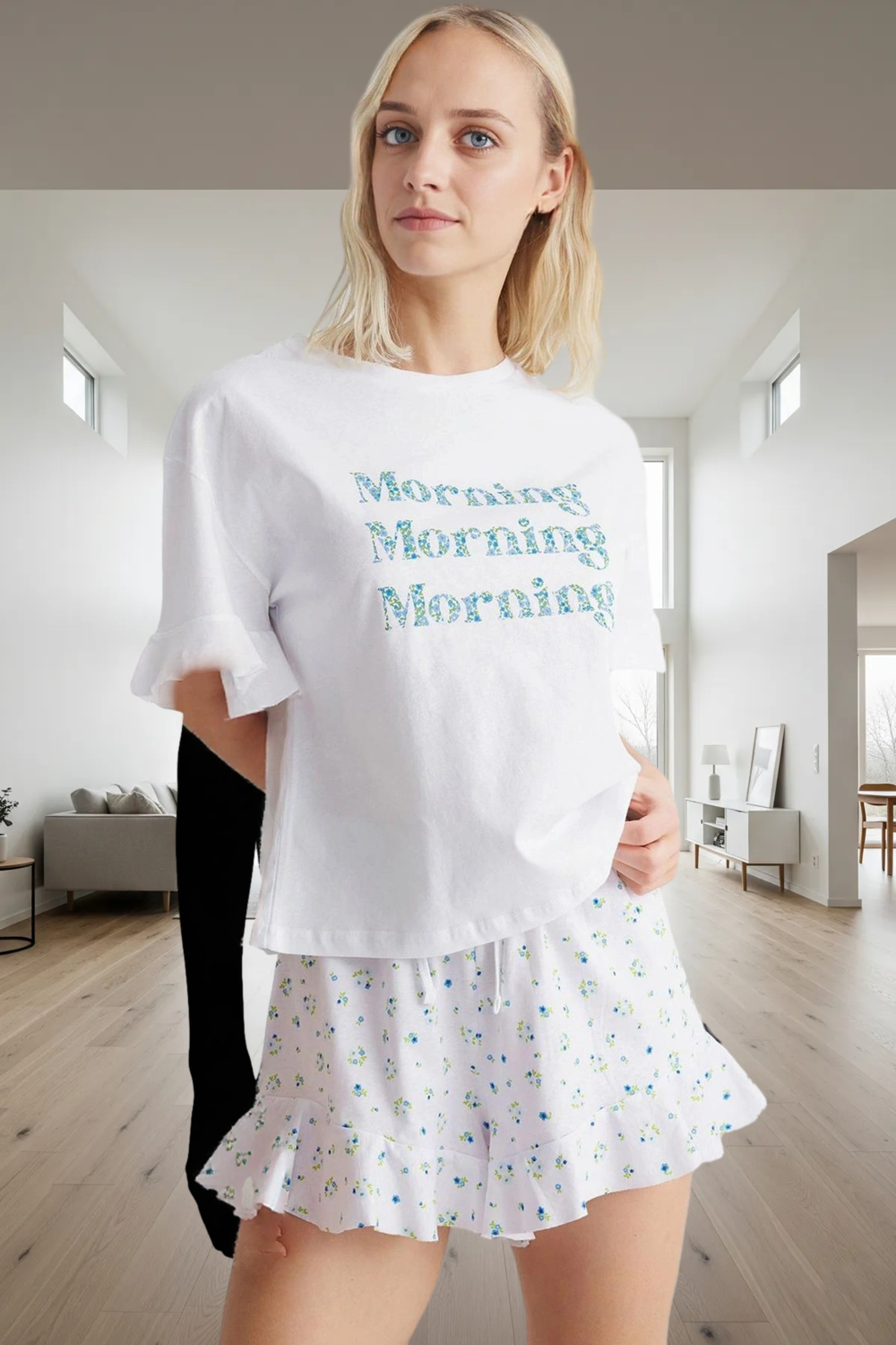 Pamuklu Rahat Pijama Takımı Çiçekli Desenli Volanlı Şort ve Bisiklet Yaka Tişört Dayanıklı Malzeme