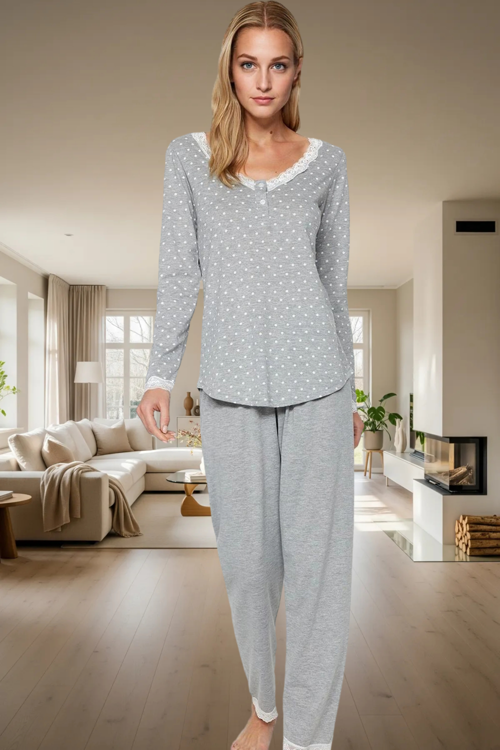 Rahat Pijama Takımı Pamuklu Örme Puantiyeli Desen Dantel Detay Günlük Kullanım İçin