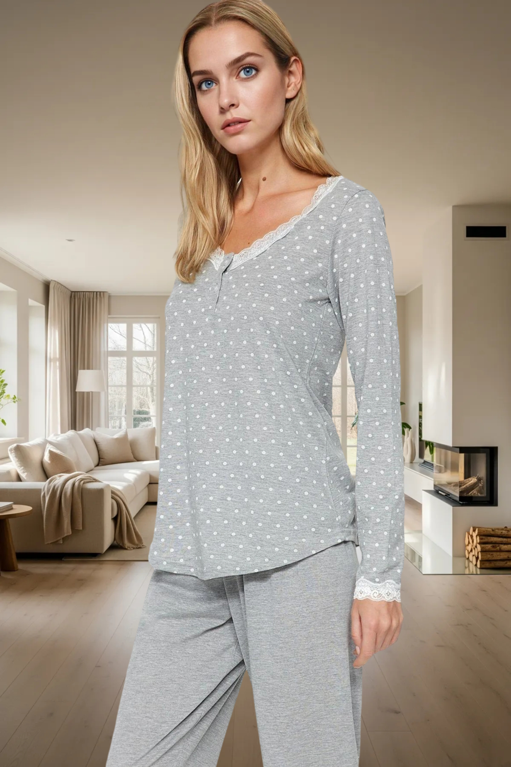 Rahat Pijama Takımı Pamuklu Örme Puantiyeli Desen Dantel Detay Günlük Kullanım İçin