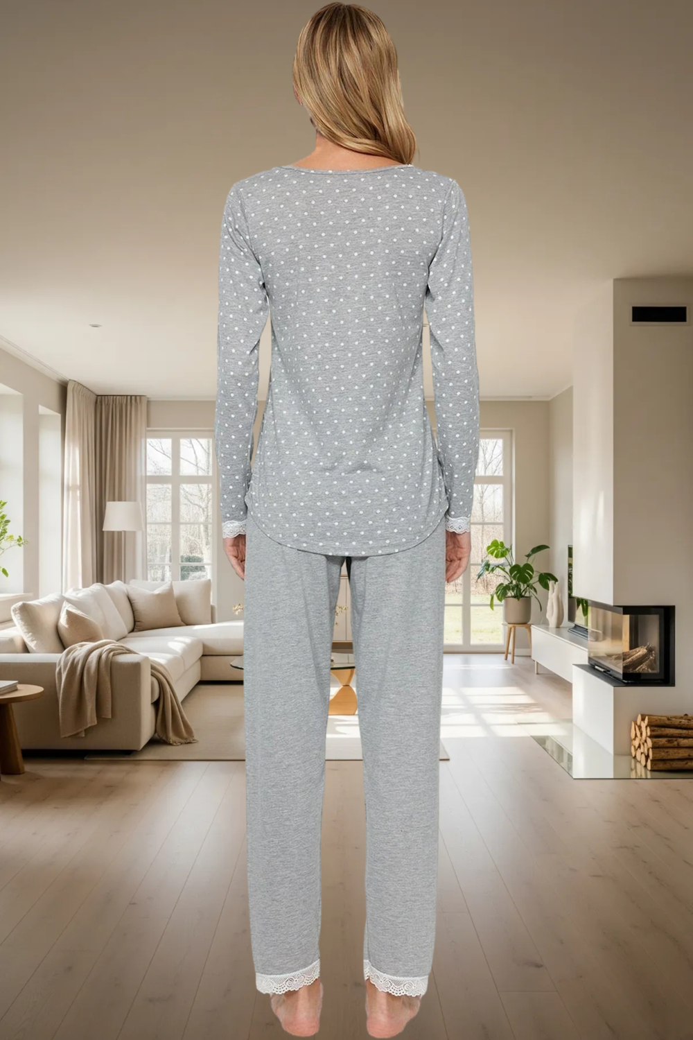 Rahat Pijama Takımı Pamuklu Örme Puantiyeli Desen Dantel Detay Günlük Kullanım İçin