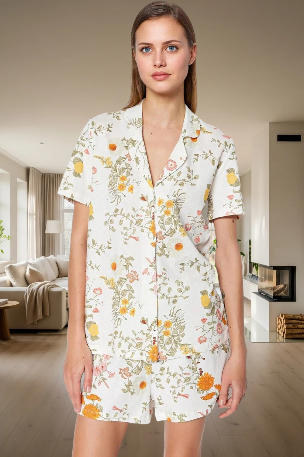 Rahat Pamuklu Pijama Takımı Çiçek Desenli Kısa Kollu Gömlek Yaka Yazlık Dayanıklı Malzeme