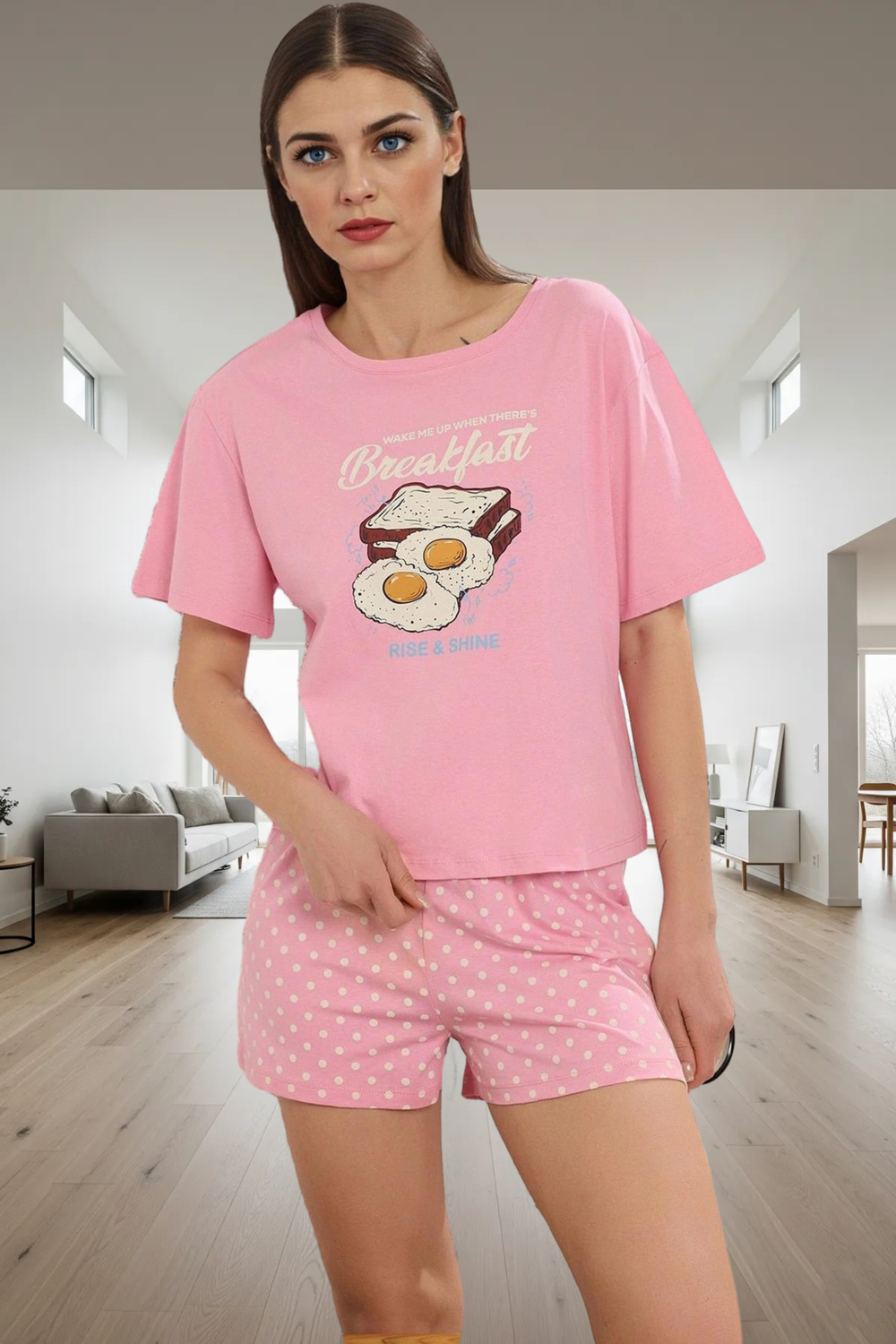 Rahat %100 Pamuklu Pijama Takımı Puantiyeli Desen Özenle Seçilmiş Konforlu Kesim Uzun Ömürlü