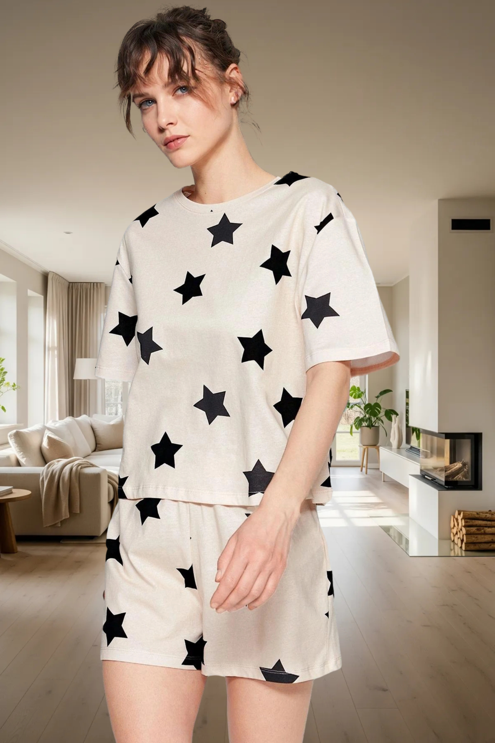 Kadın Yıldız Baskılı Bisiklet Yaka Pijama Takımı Şortlu Fonksiyonel Dayanıklı Kaliteli Şık