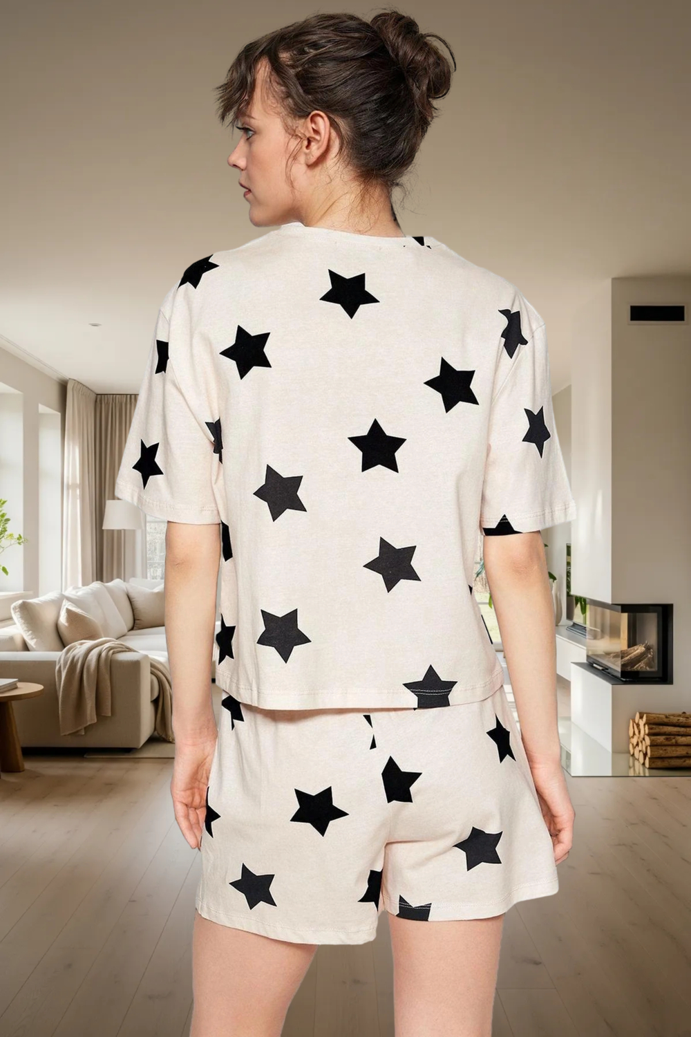 Kadın Yıldız Baskılı Bisiklet Yaka Pijama Takımı Şortlu Fonksiyonel Dayanıklı Kaliteli Şık