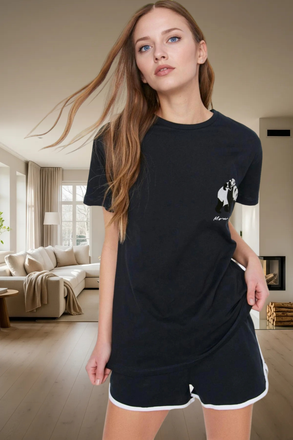 Yazlık Pamuklu Pijama Takımı Panda Baskılı Kısa Kollu Regular Kalıp Trend Tasarım Özenle Seçilmiş