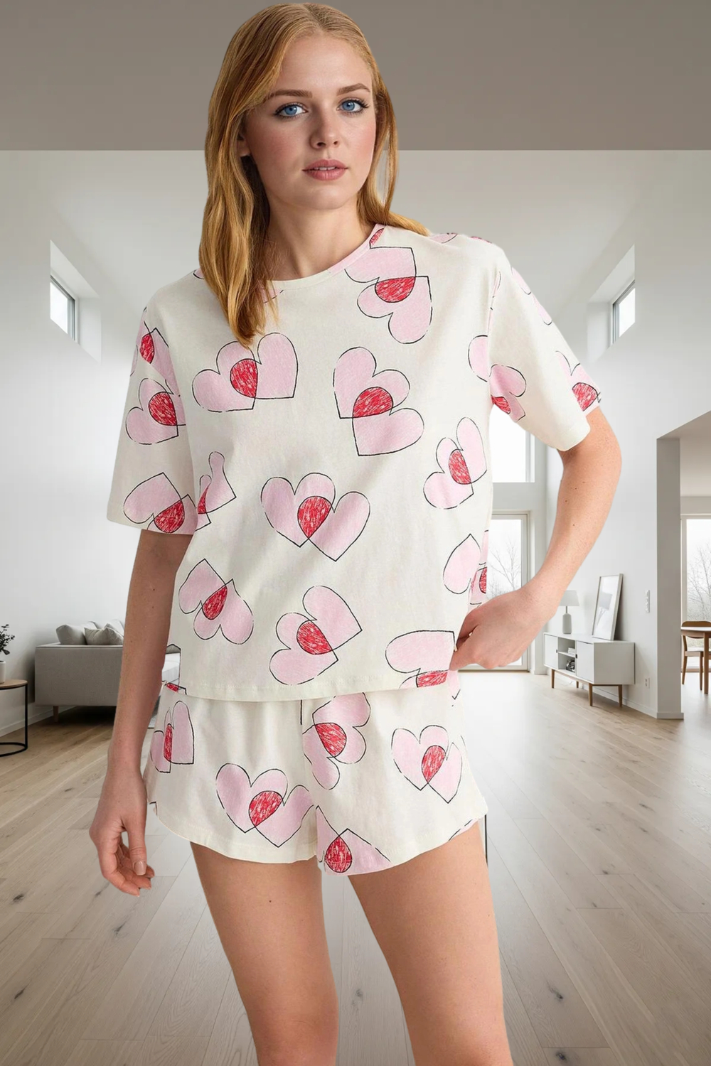 Rahat Yazlık %100 Pamuklu Pijama Takımı Renk Kalp Desenli Profesyonel Görünüm Ve Şık