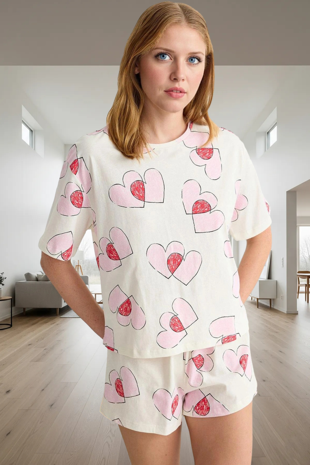 Rahat Yazlık %100 Pamuklu Pijama Takımı Renk Kalp Desenli Profesyonel Görünüm Ve Şık