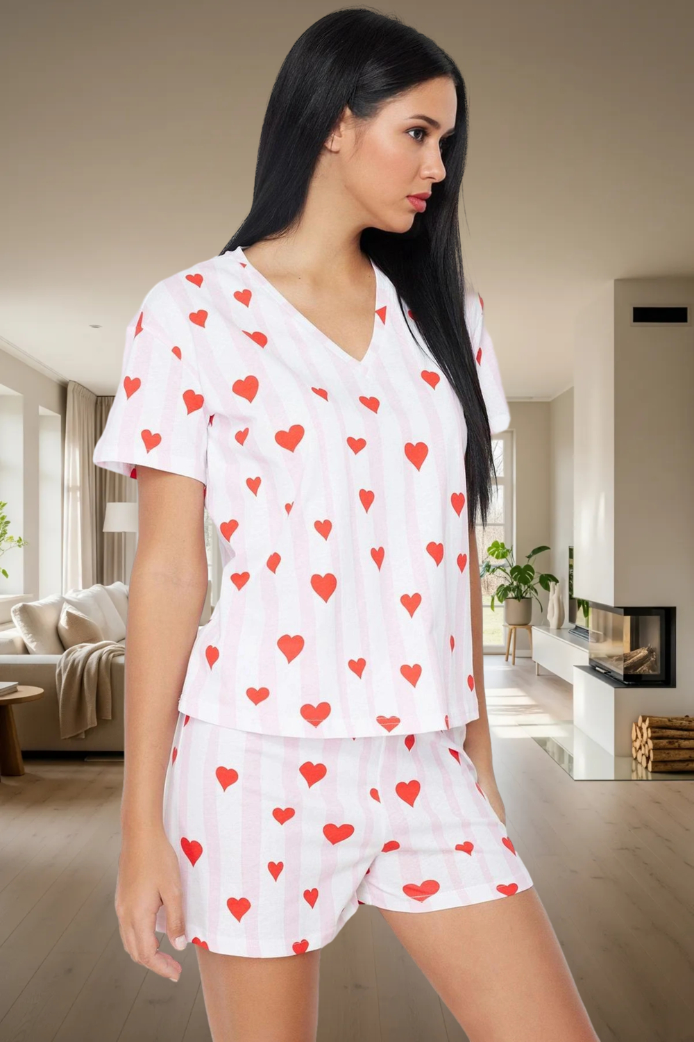 Pamuklu Yazlık Pijama Takımı Kalp Desenli Regular Kalıp Çok 2’li Mükemmel Uyum