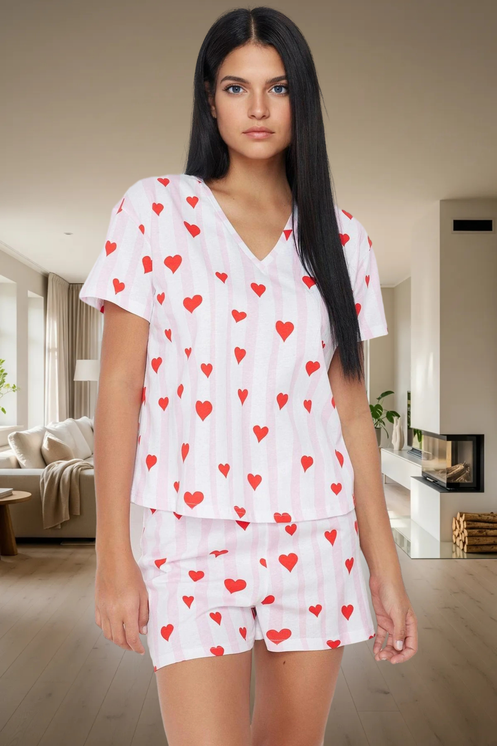 Pamuklu Yazlık Pijama Takımı Kalp Desenli Regular Kalıp Çok 2’li Mükemmel Uyum
