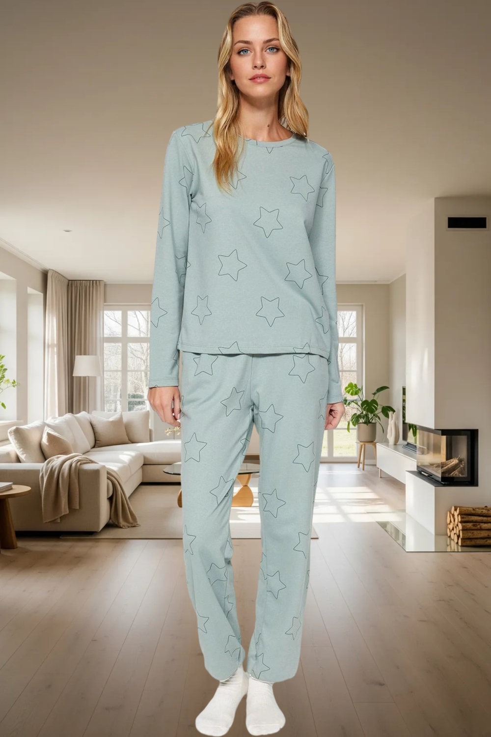 Yumuşak Pamuklu Yıldızlı Pijama Takımı Regular Kalıp Uzun Ömürlü Yüksek Kalite