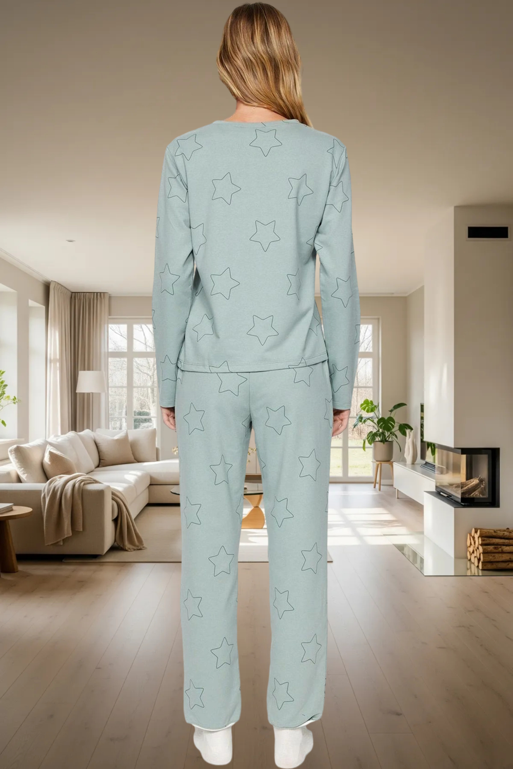 Yumuşak Pamuklu Yıldızlı Pijama Takımı Regular Kalıp Uzun Ömürlü Yüksek Kalite