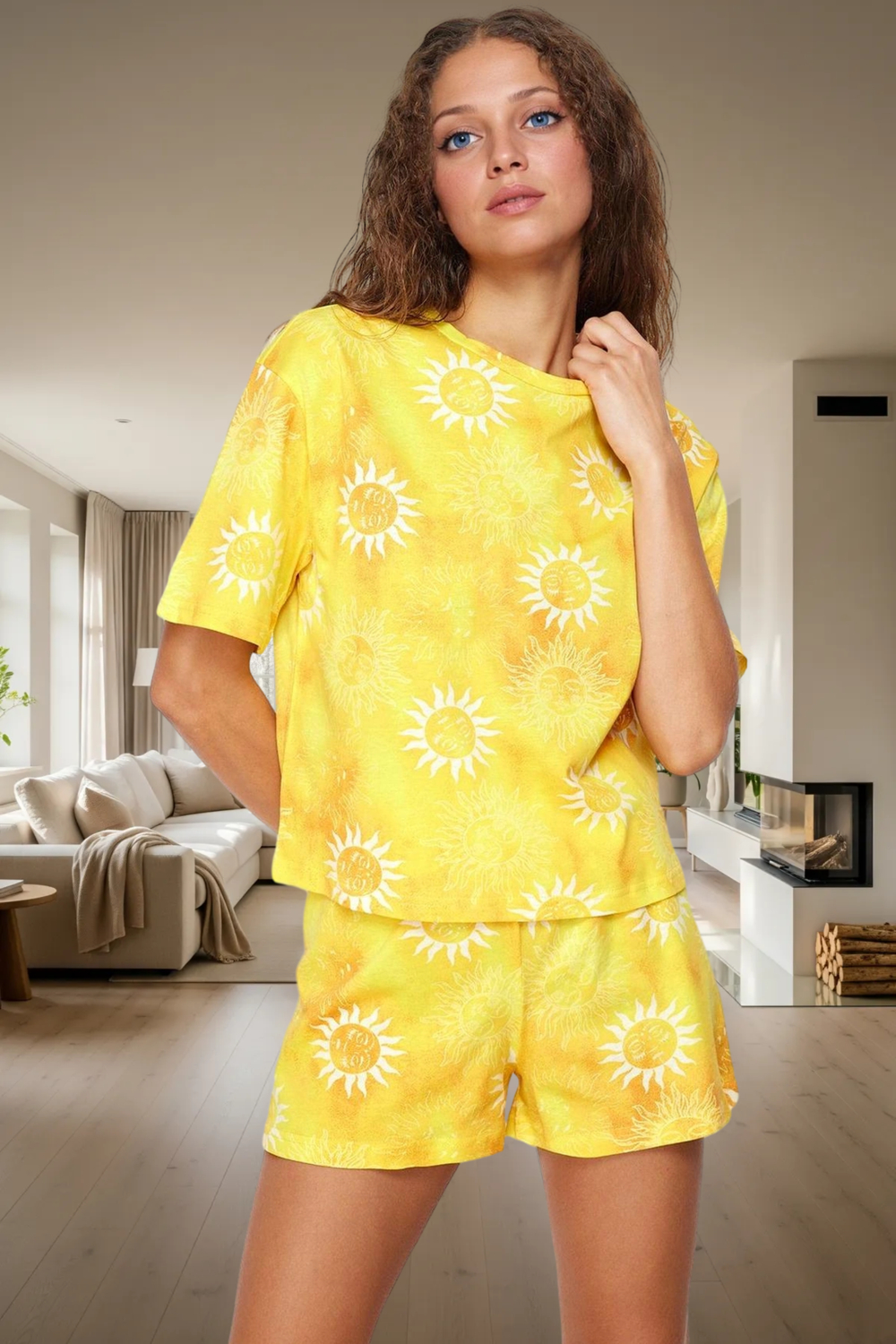 Rahat %100 Pamuklu Güneş Desenli Pijama Takımı Yaz İçin İdeal Uzun Ömürlü Özenle Seçilmiş