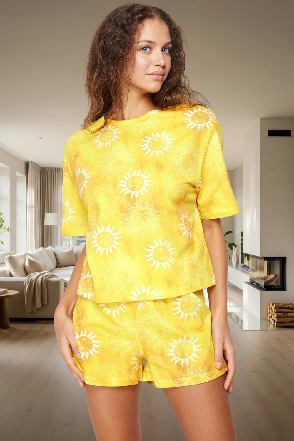 Rahat %100 Pamuklu Güneş Desenli Pijama Takımı Yaz İçin İdeal Uzun Ömürlü Özenle Seçilmiş