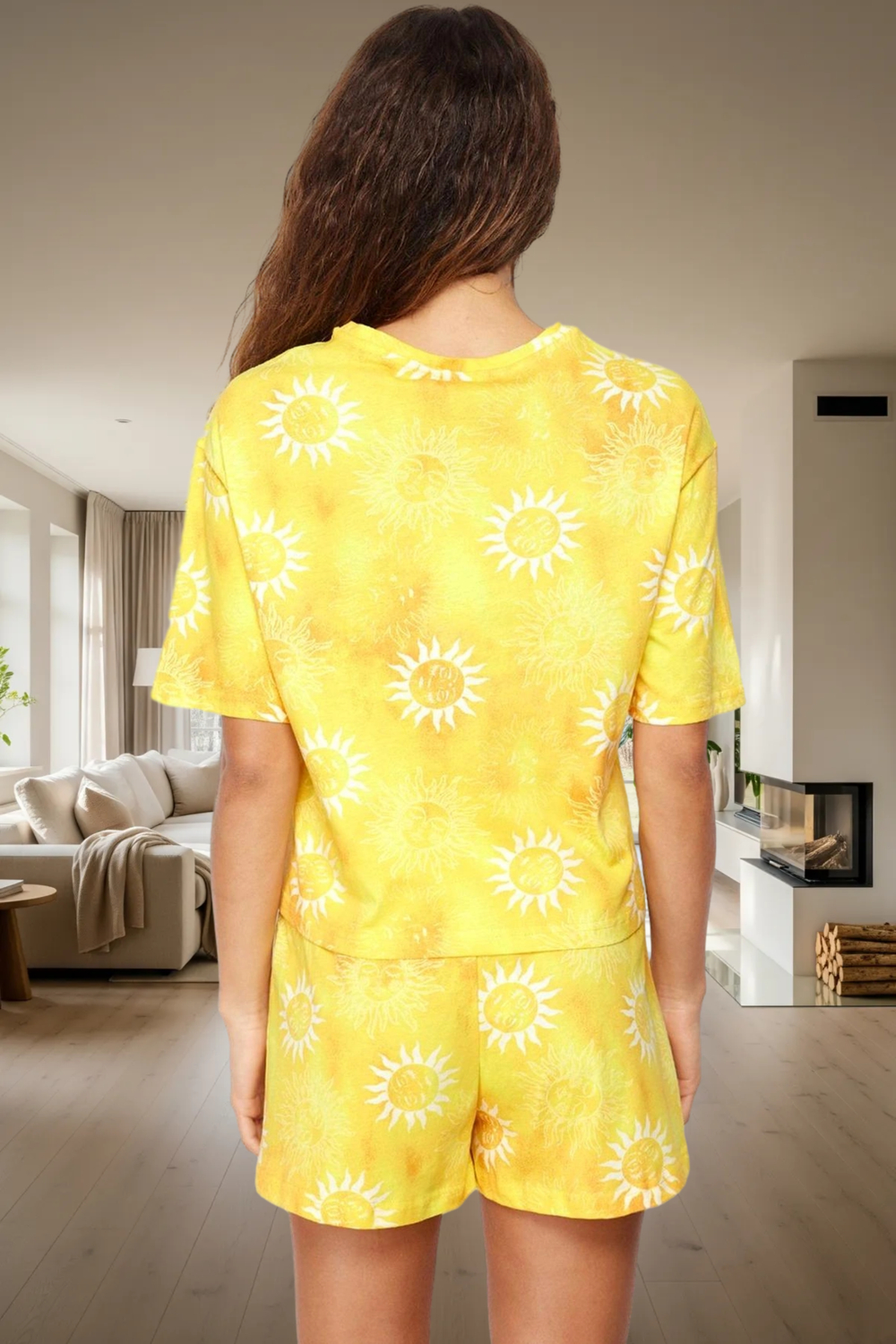 Rahat %100 Pamuklu Güneş Desenli Pijama Takımı Yaz İçin İdeal Uzun Ömürlü Özenle Seçilmiş
