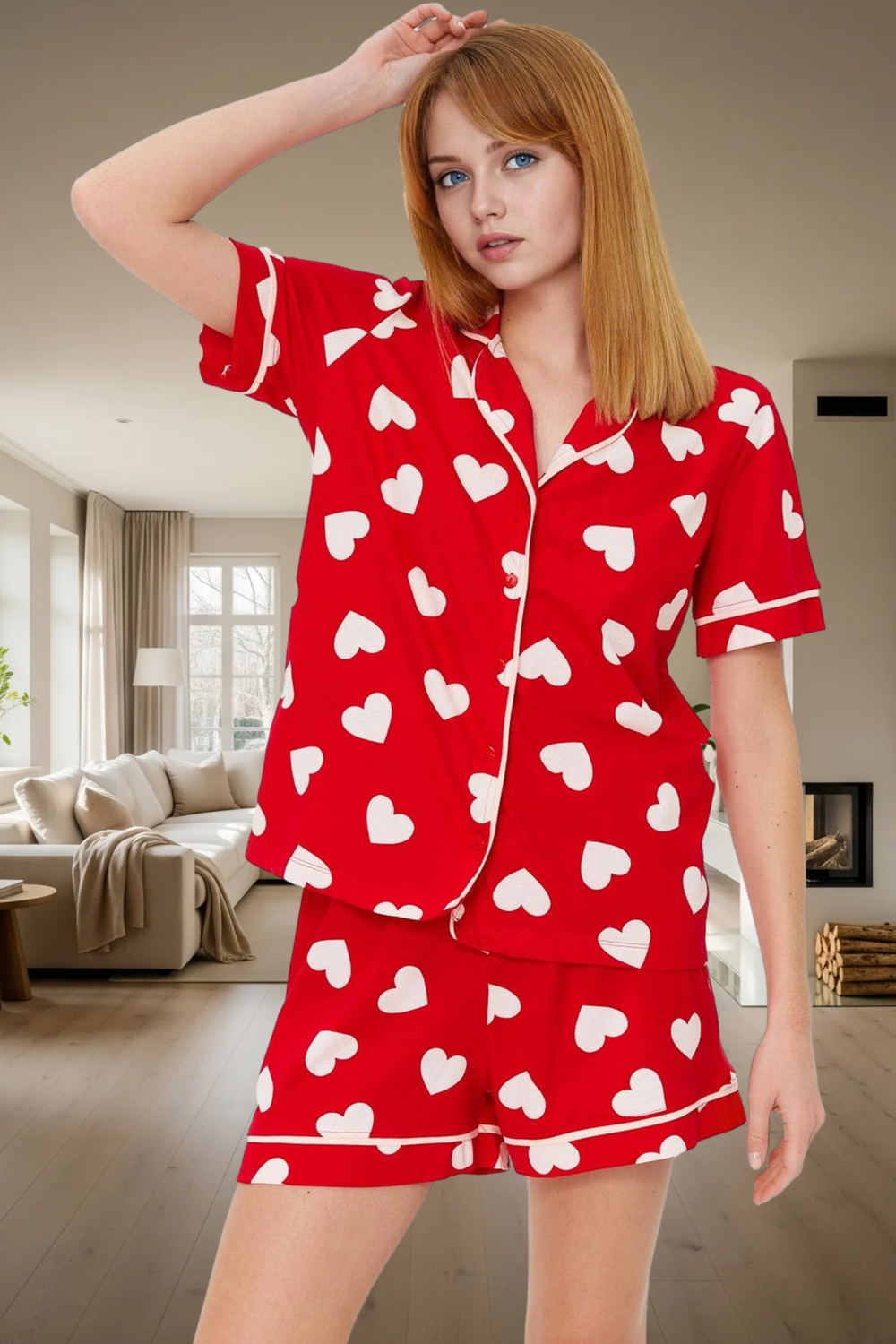Yazlık %100 Pamuklu Pijama Takımı Kalpli Desenli Kısa Şort ve Gömlek Zarifane Tasarım